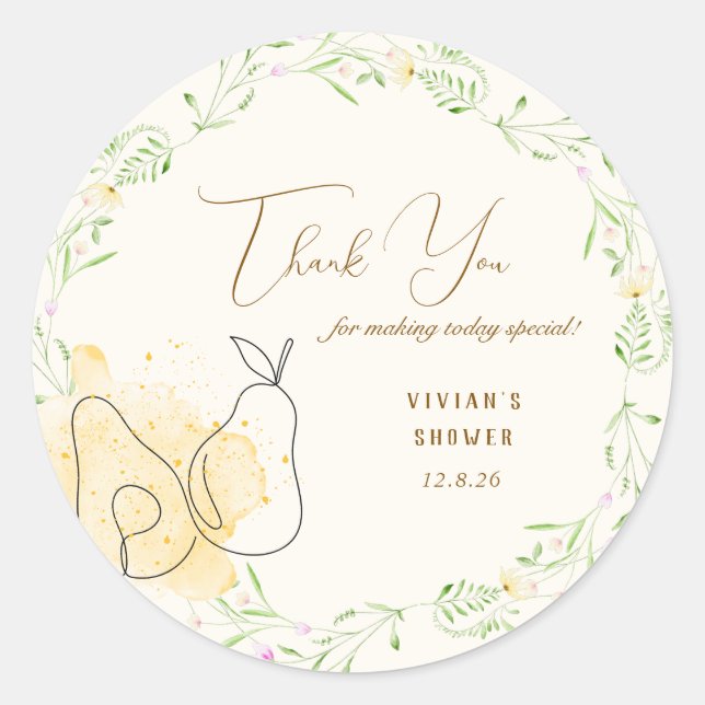 Adesivo Redondo Aquarela Pear Floral Garden Obrigado (Frente)