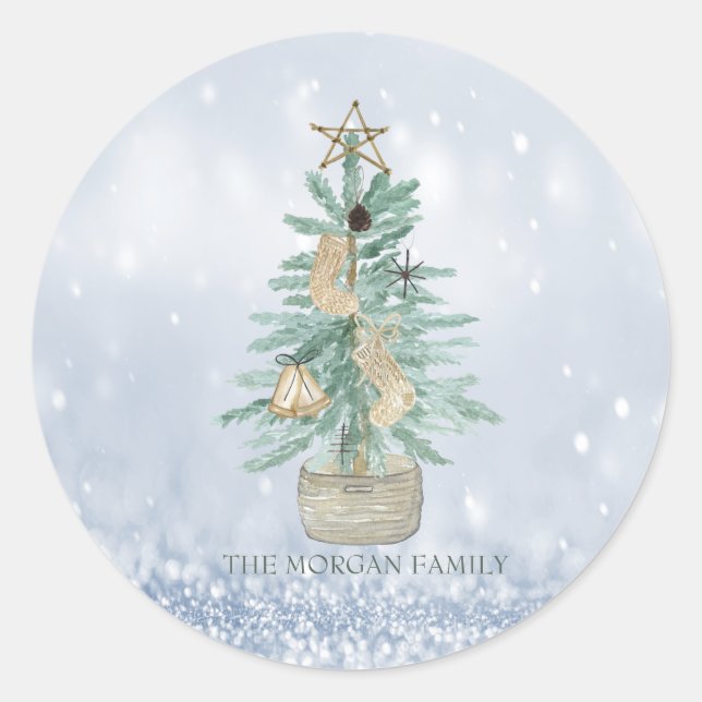 Adesivo Redondo Aquarela Pine Árvore Feliz Natal Azul Bokee (Frente)