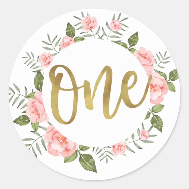 Adesivo Redondo Aquarela Primeiro Aniversário Dourado e Rosa (Frente)