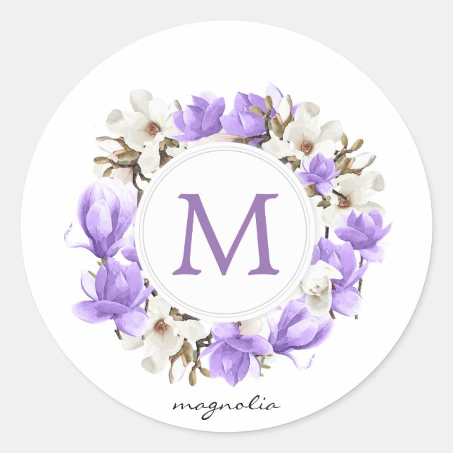 Adesivo Redondo Aquarela Purple Magnolia Wreath Monograma (Frente)