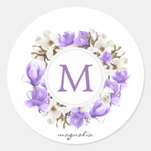 Adesivo Redondo Aquarela Purple Magnolia Wreath Monograma
