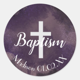Adesivo Redondo Aquarela Púrpura Batismo Cruzado Nome de Criança