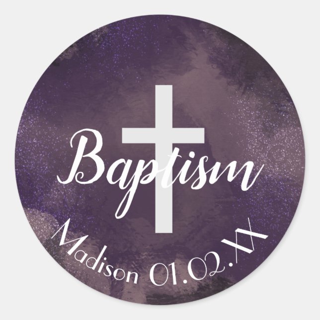 Adesivo Redondo Aquarela Púrpura Batismo Cruzado Nome de Criança (Frente)