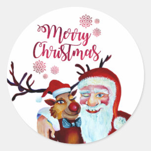 Adesivo Redondo Aquarela Rindo Santa Claus Rudolf Sorrindo Cof