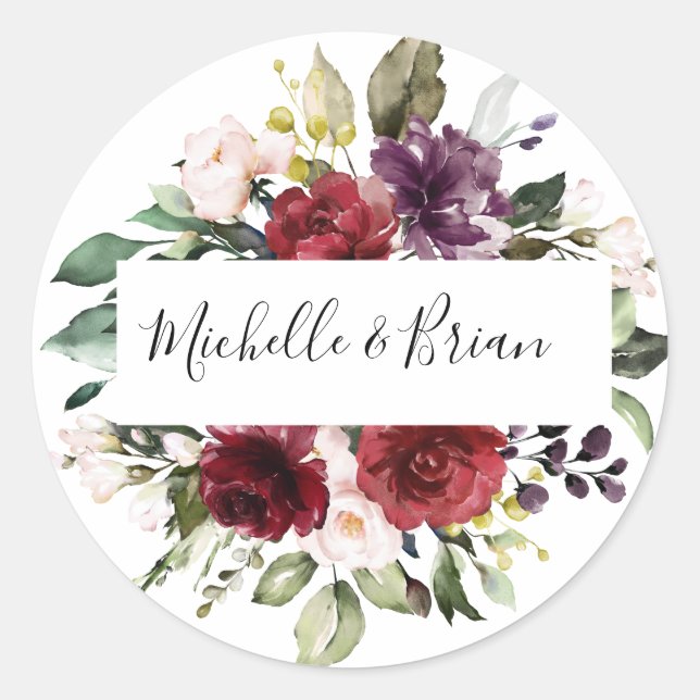 Adesivo Redondo Aquarela Romântica Rosa Floral Vermelho Borgonha (Frente)