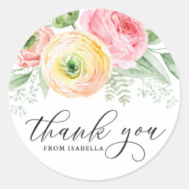 Adesivo Redondo Aquarela Rosa e Amarelo Ranunculus Obrigado