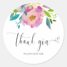 Adesivo Redondo Aquarela Rosa Obrigado Caligrafia