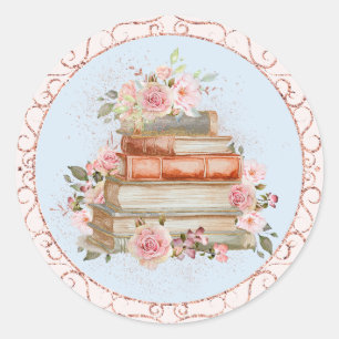 Adesivo Redondo Aquarela Rosas Cor-de-Rosa e Livros Floral Vintage