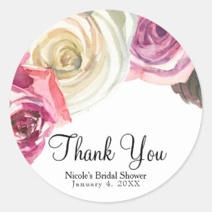 Adesivo Redondo Aquarela Rosas Rosa e Branco Chique Chá de Bebê de