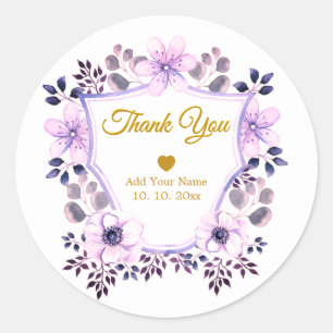 Adesivo Redondo Aquarela Roxo Floral e Dourado "Obrigado"