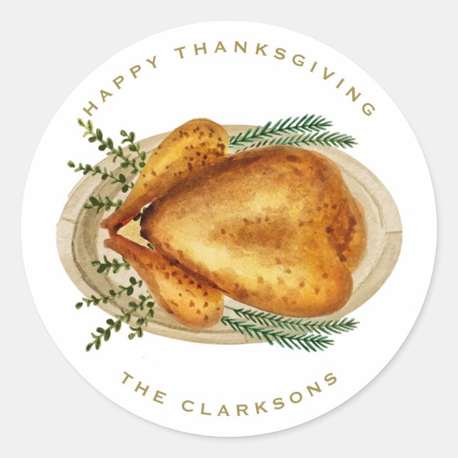 Adesivo Redondo Aquarela Torrada Turquia Janta Ação de Graças (Frente)