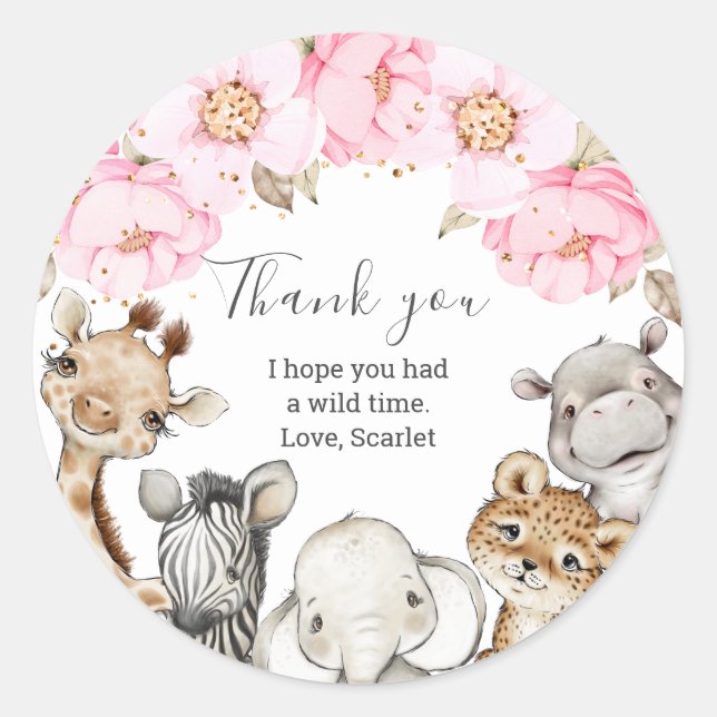 Adesivo Redondo Aquarelas Floral Safari Animais Peony Aniversário  (Frente)