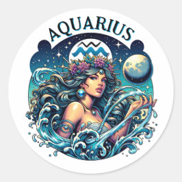 Adesivo Redondo Aquarius Water Bearer Beautiful Woman Astrology 