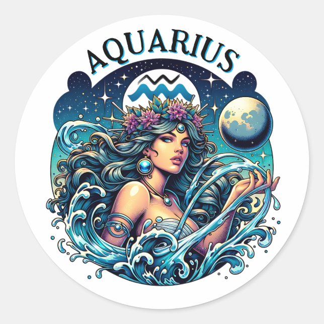 Adesivo Redondo Aquarius Water Bearer Beautiful Woman Astrology  (Frente)