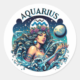 Adesivo Redondo Aquarius Water Bearer Beautiful Woman Astrology 
