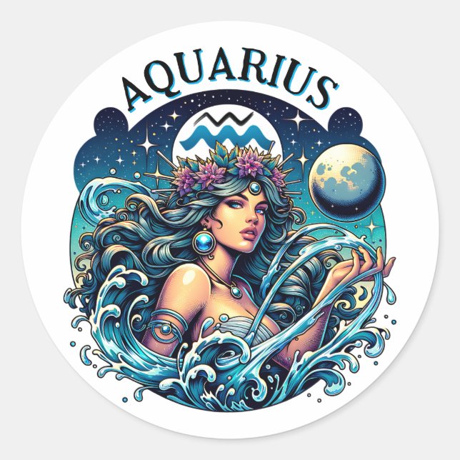 Adesivo Redondo Aquarius Water Bearer Beautiful Woman Astrology  (Frente)