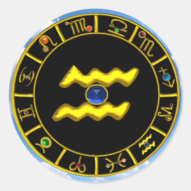 ADESIVO REDONDO AQUARIUS/ZODIAC JOIAS DE ANIVERSÁRIO DOURADO (Frente)