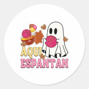 Adesivo Redondo Aqui Espantan espanhol Halloween Mexicano Conchas