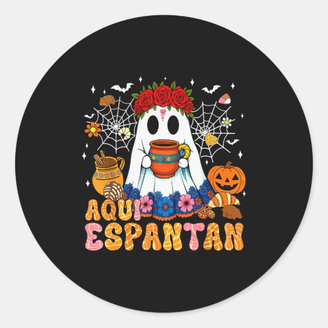 Adesivo Redondo Aqui Espantan Mexican Ghost Halloween Soky Conchas (Frente)