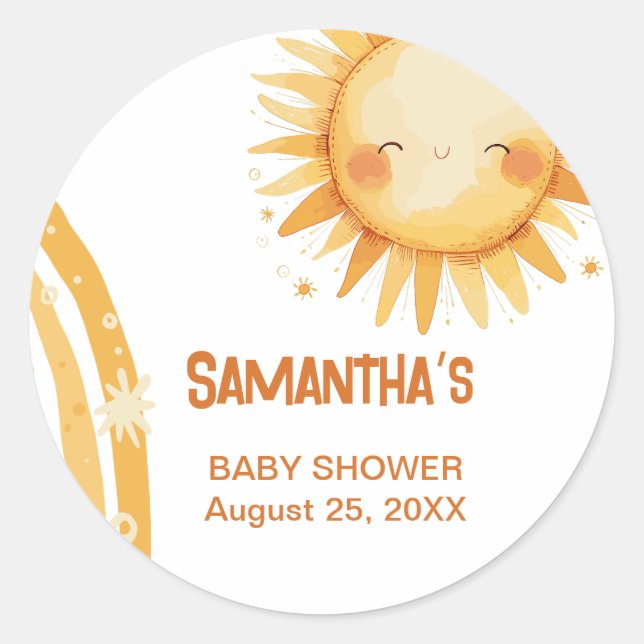 Adesivo Redondo Aqui vem a placa de gabinete do chá de fraldas Sun (Frente)