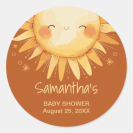 Adesivo Redondo Aqui vem a placa de gabinete do chá de fraldas Sun