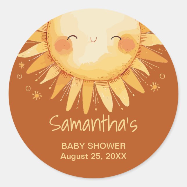 Adesivo Redondo Aqui vem a placa de gabinete do chá de fraldas Sun (Frente)