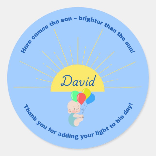 Adesivo Redondo Aqui vem o Chá de fraldas do filho para o garoto (Frente)