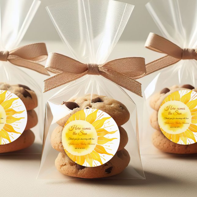 Adesivo Redondo Aqui vem o Chá de fraldas do Sol Amarelo Filho (Criador carregado)