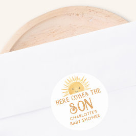 Adesivo Redondo Aqui Vem O Chá de fraldas Filho