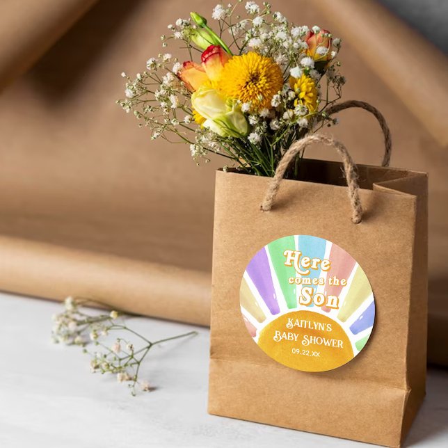 Adesivo Redondo Aqui Vem O Chá de fraldas Son Retro Boys (Criador carregado)