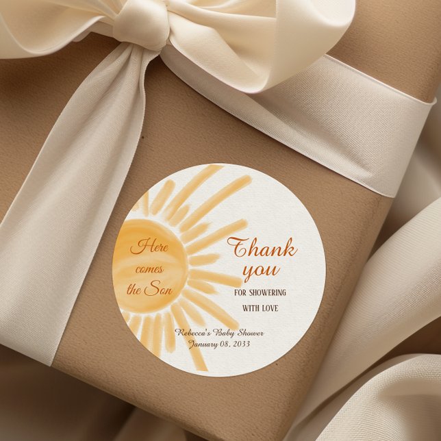 Adesivo Redondo Aqui vem o Chá de fraldas Sunshine do Son Yellow R (Criador carregado)