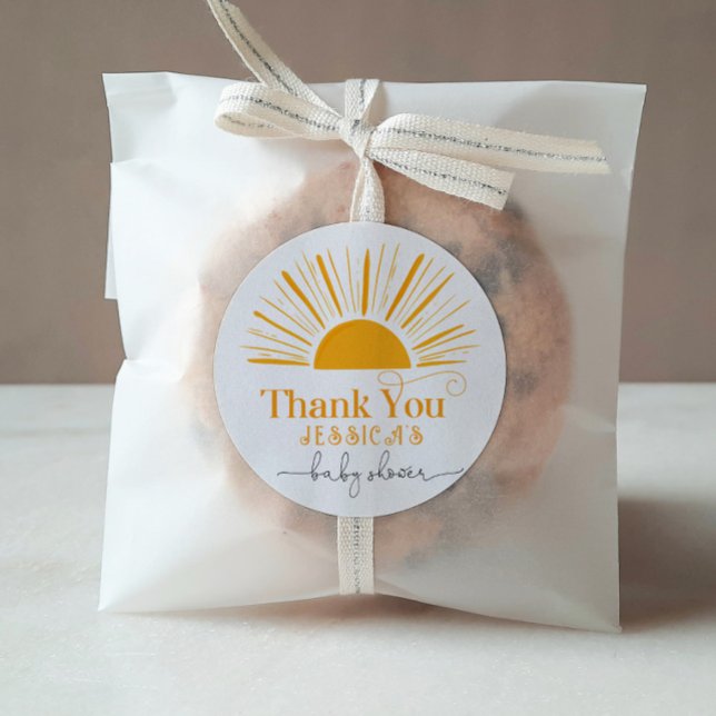 Adesivo Redondo Aqui vem o obrigado do chá de fraldas do sol (Criador carregado)