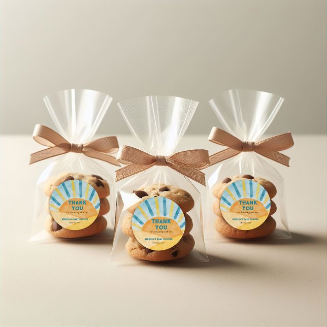 Adesivo Redondo Aqui vem Son Blue Sunshine Chá de fraldas Obrigado (Criador carregado)