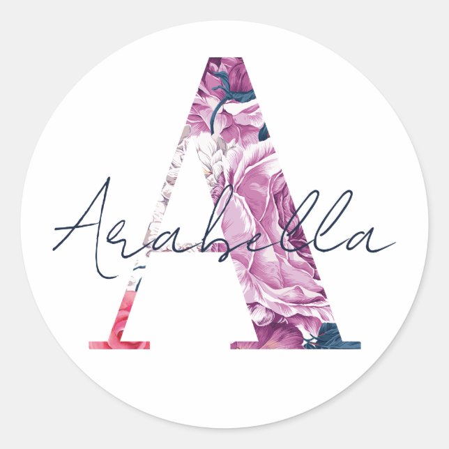 Adesivo Redondo Arabella Name Custom Sticker Girls Label Floral A (Frente)