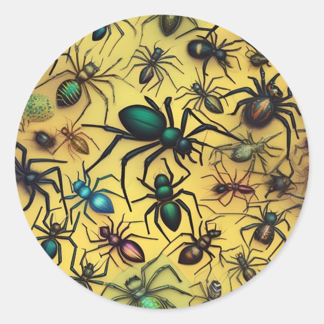 Adesivo Redondo Arachnid Amadurece Aranhas Rastreadas Crawly, (Frente)