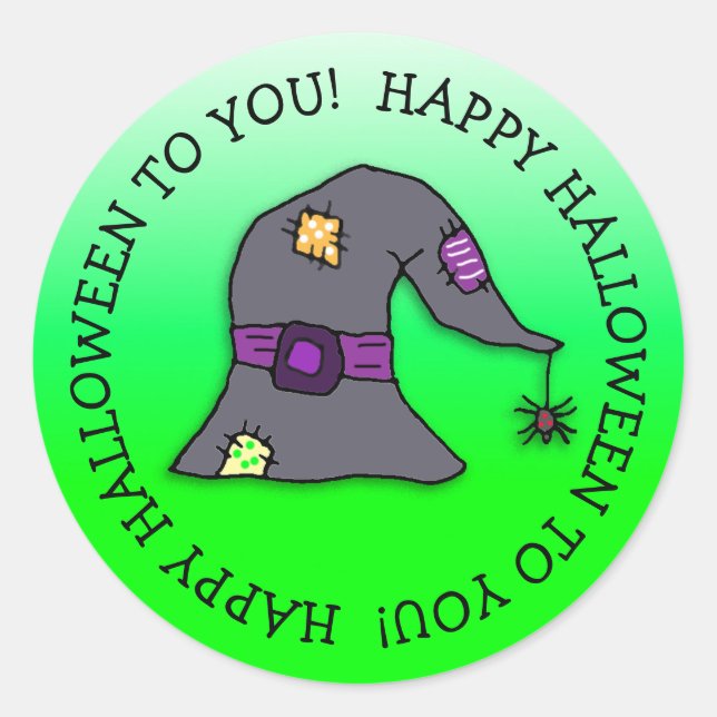 Adesivo Redondo Aranha balançando no Halloween do Chapéu da Bruxa (Frente)