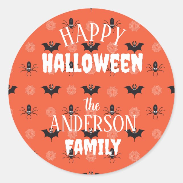 Adesivo Redondo Aranha do Halloween, morcego e padrão cobweb (Frente)
