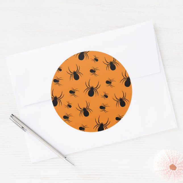 Adesivo Redondo Aranhas Padrão de Halloween Preto e Laranja (Envelope)