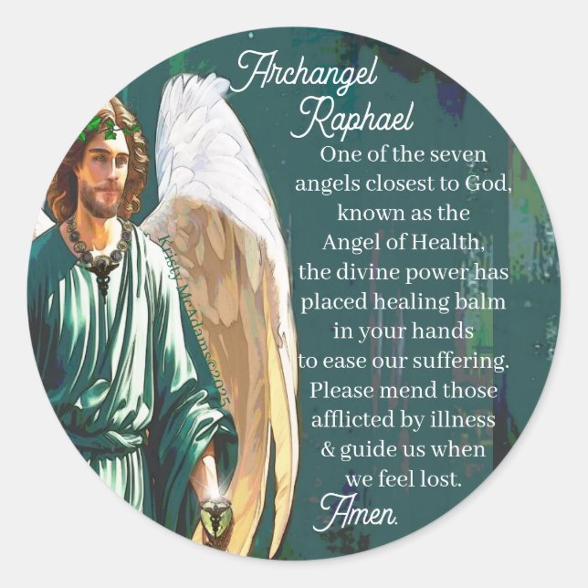 Adesivo Redondo Archangel Saint Raphael Healing Angel Prayer (Frente)
