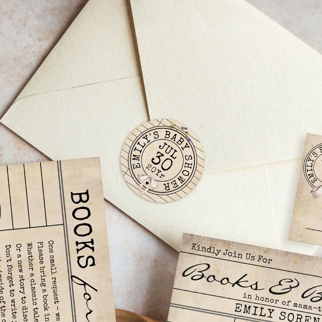 Adesivo Redondo Arco Biblioteca de Chá de fraldas de Livros Florai (Cute vintage library card books bows teddy bears baby shower date stamp invitation envelope sticker)