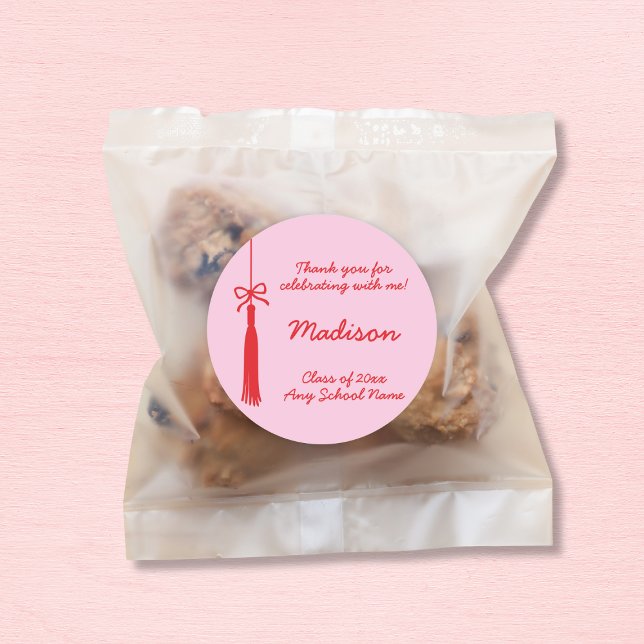 Adesivo Redondo Arco Coquette Formando Tassel Vermelho Rosa 2025 G (Coquette Bow Grad Tassel Pink Red 2025 Graduation Classic Round Sticker)