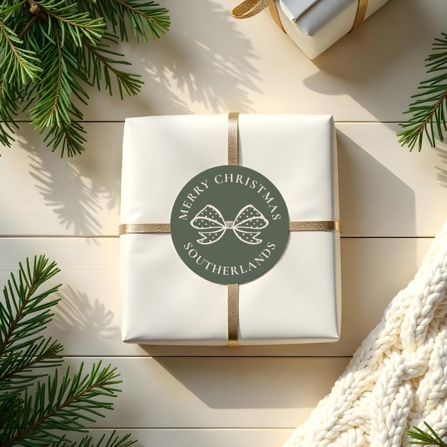 Adesivo Redondo Arco de Bolinhas Feliz Natal (Merry Christmas Chic Holiday Polka Dot Bow Classic Round Sticker)