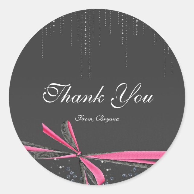 Adesivo Redondo Arco de Fita Rosa e Cinza Cartonagens (Frente)