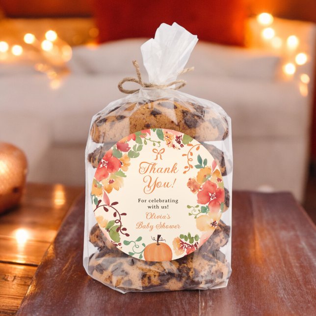 Adesivo Redondo Arco de queda Boho Bompkin obrigado floral chá de  (Fall Bow Boho pumpkin floral thank you baby shower Classic Round Sticker on cream)