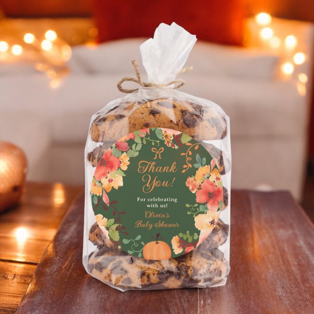 Adesivo Redondo Arco de queda Boho Bompkin obrigado floral chá de  (Fall Bow Boho pumpkin floral thank you baby shower Classic Round Sticker on green)