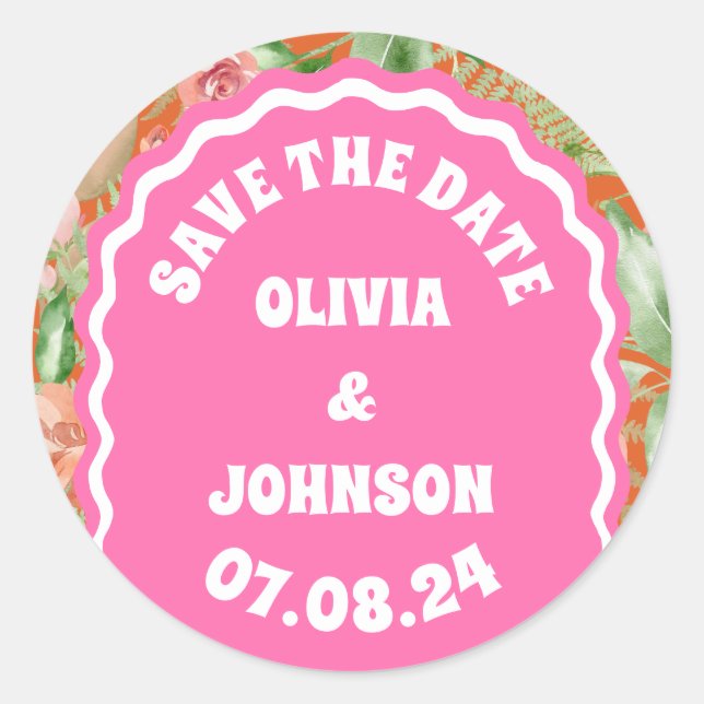 Adesivo Redondo Arco Floral Data de Casamento Salvar a Data Laranj (Frente)