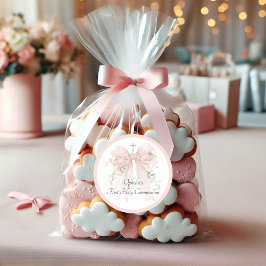 Adesivo Redondo Arco Floral Rosa de Primeira Comunhão de Menina