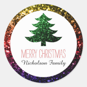 Adesivo Redondo Arco-Íris + Árvore de Natal Verde brilha Etiquet