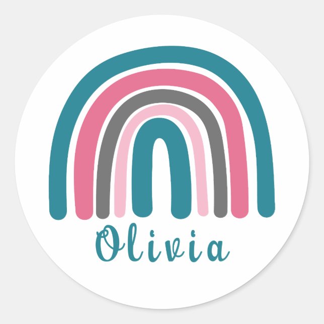 Adesivo Redondo Arco-Íris Colorido Boho Com Nome Personalizado (Frente)