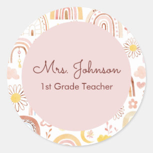 Adesivo Redondo Arco-íris Coloridos Fofos e Flores de Margarida Ab